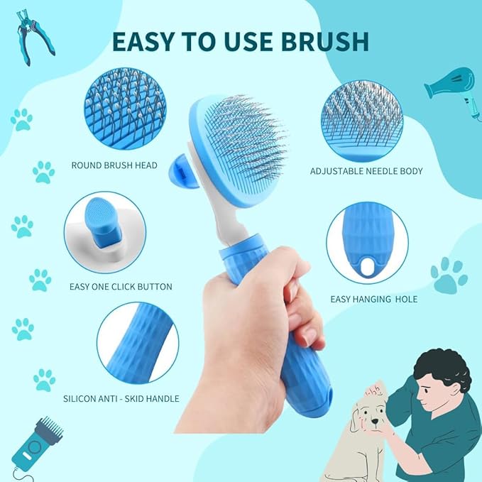 Self Cleaning Slicker Brush, Pet Grooming Shedding Brush for Dogs and Cats - Easy to Remove Loose Undercoat, Pet Massaging Tool Suitable for Pets with Long or Short Hair Color May Vary