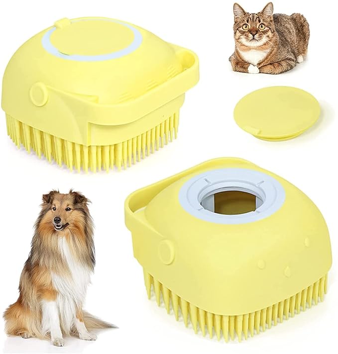 Silicone Pet Grooming Brush for Short and Long-Haired Dogs, Cats, and Puppies - Cleaning and Washing (Yellow)
