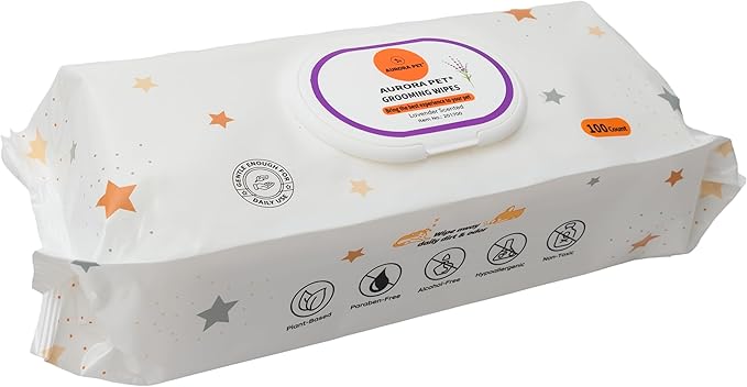 Aurora Pet Wipes – 100% Natural, Plant-Based Hypoallergenic Grooming Wipes for Dogs & Cats – Extra-Durable, Large & Thick for Effortless Cleaning (Lavender, 200 Count)