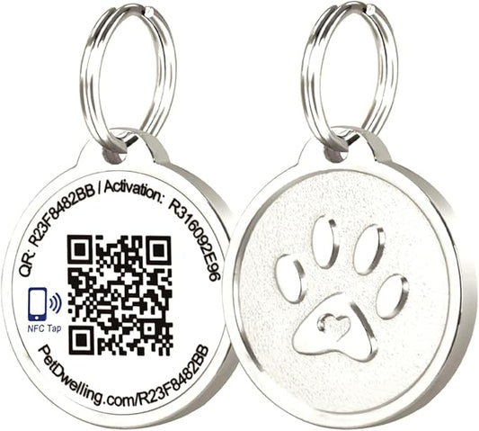 Premium NFC & QR Code Smart ID Tag for Dogs - Easy Scanning, Instant Profile Access, Real-Time Location Alerts(Silver Paw)