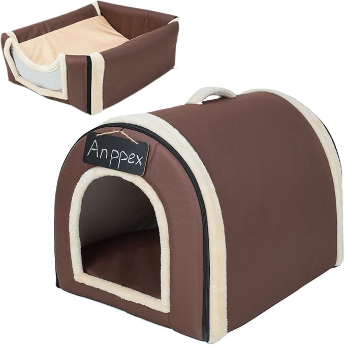 ANPPEX Small Igloo Dog House Indoor,M Size Dog Cave for Small Dogs and Cats,2-in-1 Washable Covered Dog Bed,Brown