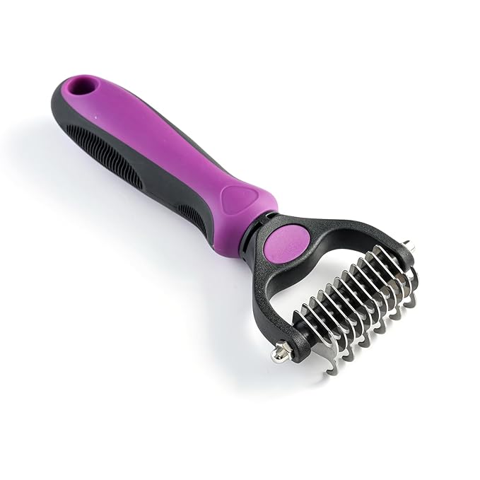 WePet Grooming Rake for Dogs & Cats, Double-Sided Deshedding Brush, Extra-Wide Dematting Tool, Slicker Comb for Undercoat & Loose Hair Removal, Reduces Shedding by 95%, Purple, Small