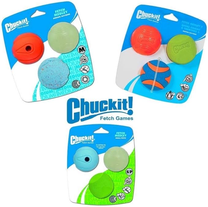 Chuckit! Gen 3 Fetch Medley Dog Balls - Includes the High-Bounce Fetch Ball, Floating Ultra Ball, and Rugged Ball - Durable Rubber Toys for Dogs 20-60 lbs - Size Medium - 2.5-inch Diameter - Set of 3