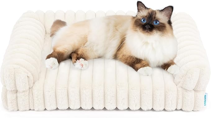 Thick Orthopedic Cat Sofa, Waterproof Supportive Foam Small Dog Sofa Bed with Washable Cover, Faux Fur Comfy Bolster Couch Pet Beds with Nonskid Bottom (Beige, 24"x18")