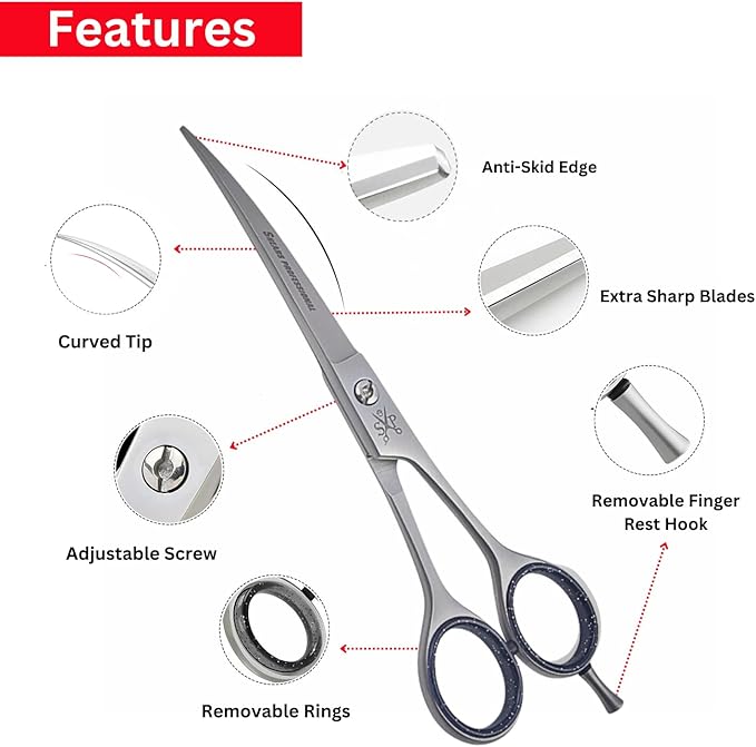 Dog Grooming Scissors, Curved Scissor for Dog Grooming and Cats, Pet shears for Trimming Face & Paws, 7 In Curved Blade