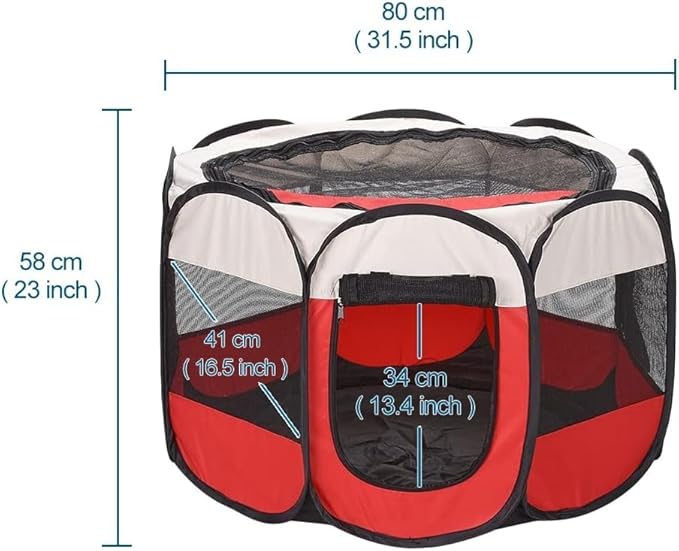 Foldable Pet Dog Playpen, Pop Up Portable Cat Playpen, Indoor/Outdoor for Kitten Puppy Play Pen, Cats Crate Tent with Carrying Bag, 600D Oxford (Red + Beige, Medium (31.5"x31.5"x23"), 8)