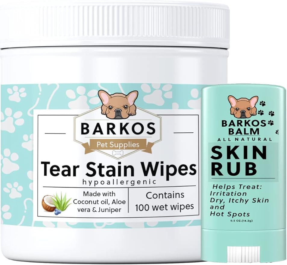 Tear Stain Wipes + Skin Balm For Dogs | Bulldog, French Bulldog, Pug, English Bulldog | Cleans & Soothes Tear Stains, Wrinkles, Folds, Tail Pockets & Paws, Anti-Itch | 100 Soft Cotton Pads