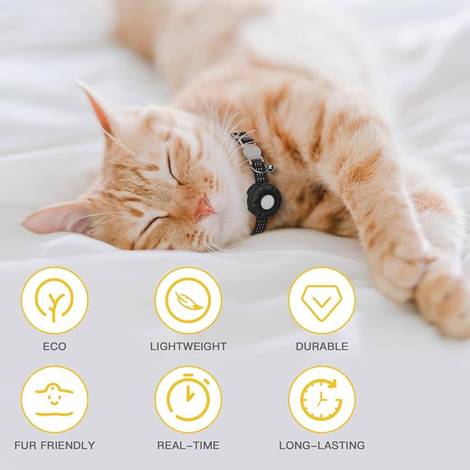 Pet Tracker for Cat, Real-time Cat Tracker with Breakaway Cat Collar, Compatible with Apple Find My(iOS Only), Alarm Alerts, No Monthly Fee, Battery Life Up to 1 Years, Black