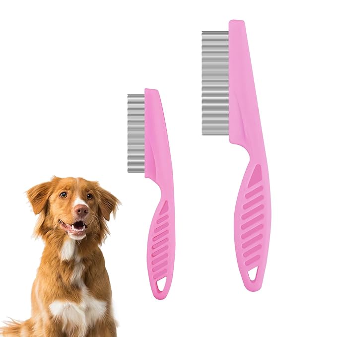 Pet Hair Comb, 2 in 1 Multifunctional Pet Hair Comb for Grooming and Dehairing, Flea and Tear Stain Removal Cat And Dog Comb, Pink (2 Count)