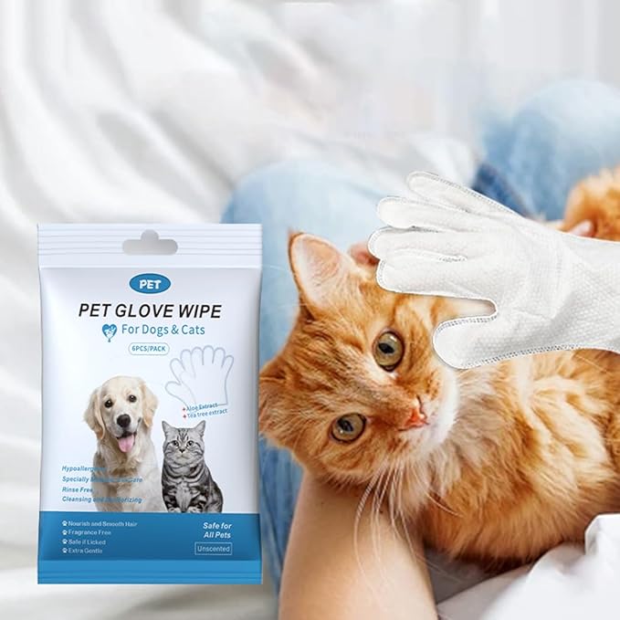 Coldcool 6 PCS Pet Bathing Wipes for Dogs and Cats, Cleaning, Deodorizing Grooming Gloves, Wipes Gloves for Dog and Cat Fur Face, Ear, Eye, Paws Cleaning Wipes Pet Wash Free Gloves
