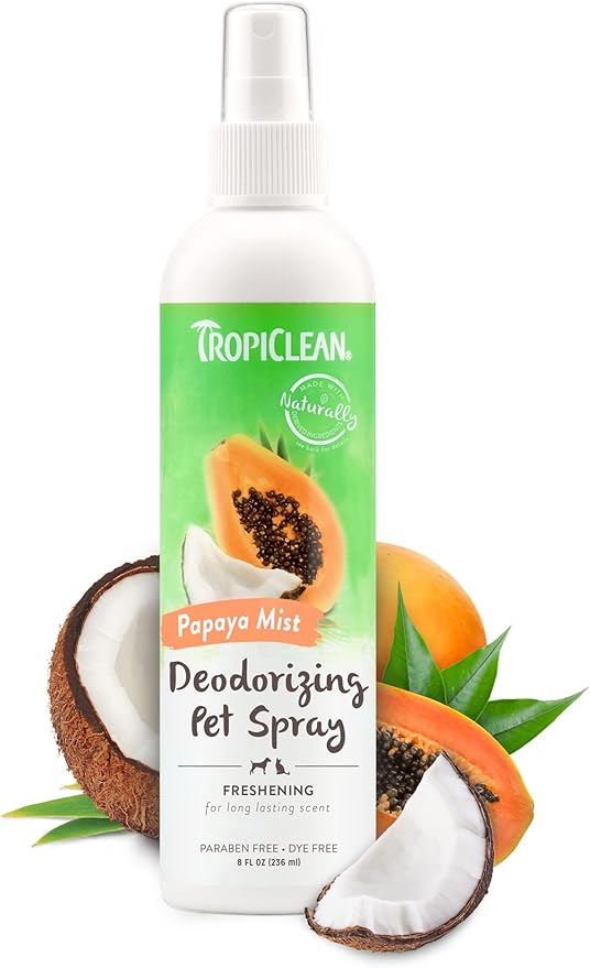 TropiClean Dog Perfume, Long Lasting Papaya Cologne, Deodorizing Spray for Smelly Dogs, After Bath Detangling Spray with Vitamin E, Safe for Cats, 8oz.