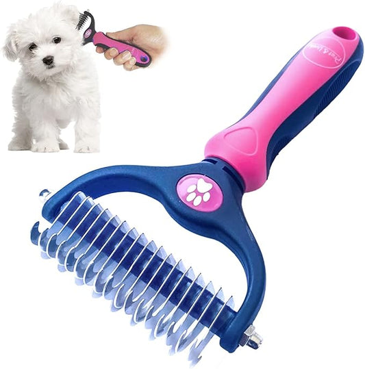 Pret & Lively 2 in 1 Pet Hair Dematting Tool, Tough Mats and Tangles, Undercoat Rake Comb, Dogs, Cats, Rabbits, Hairy Pets, Holiday Gift, Professional Grooming Brush For Deshedding, Extra Wide (Pink)