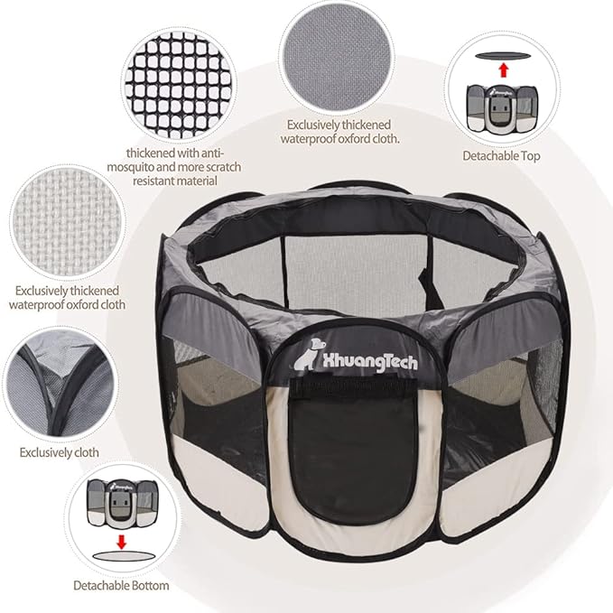 Foldable Pet Dog Playpen, Pop Up Portable Cat Playpen, Indoor/Outdoor for Kitten Puppy Play Pen, Cats Crate Cage Tent with Carrying Bag, 600D Oxford (Grey + Beige, Small (26"x26"x18"), 8)