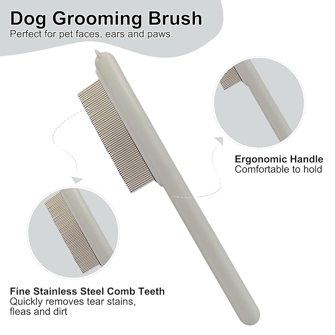 Cute Plastic Dog Comb with Stainless Steel Bristles and Furry Ears Design - Pet Grooming Tool for Removing Dirt and Tangles (Grey)