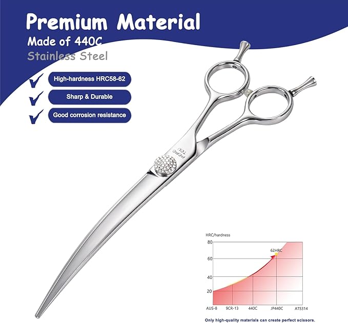 Professional Curved Dog Grooming Scissors with Simulation Diamond 440C Stainless Steel Polished Pet Cat Hair Cutting Shears for Groomers and Home users 7''