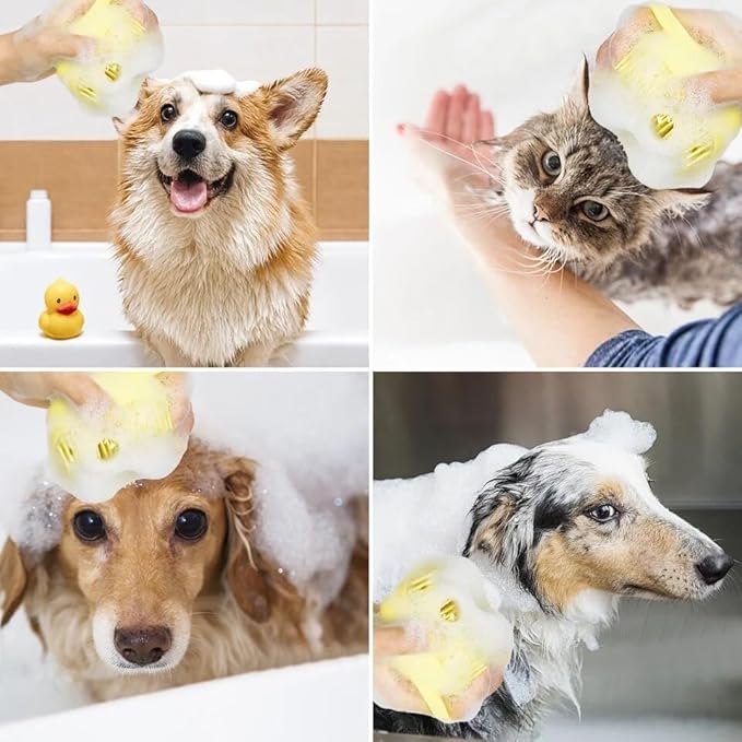 Pet Bath Brush Pet Scrubber for Bath Dog Shampoo Brush Dog Bathing Brush Pet Bubble Brush with Silicone Handle for Short Long Haired Dogs and Cats Cepillo de baño para perros (Yellow)