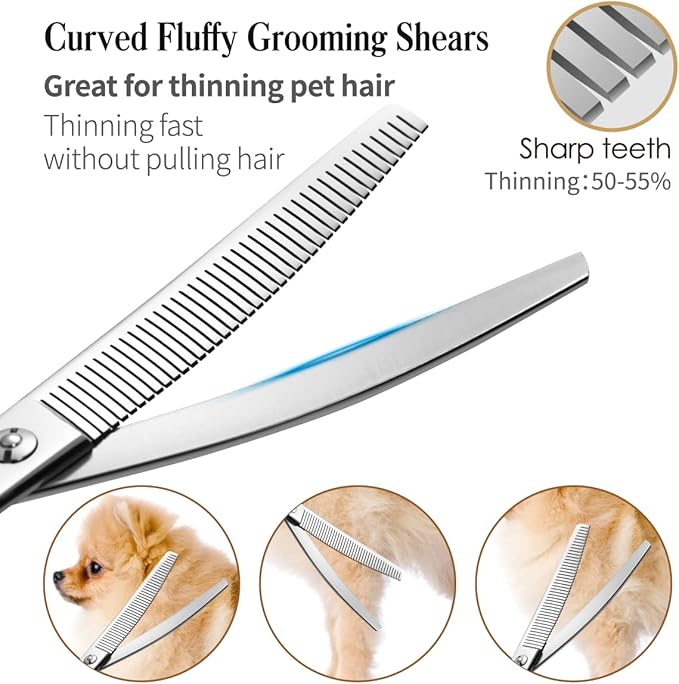 Curved Thinning Shears 7'' Fluffers Scissors Professional Grooming Shears for Dogs Japan 440C 50% Thinning Rate 42 Teeth (Polish)