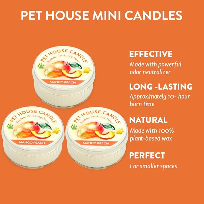 One Fur All Pet House Mini Candles for Pet Odor Made with Natural Soy Wax, Plant Based, Dog and Cat Friendly Scented Candles, Mango Peach Pack of 3
