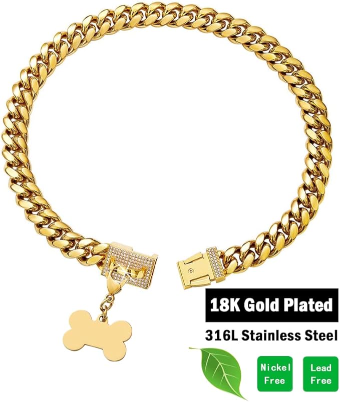 Cute Strong Gold Chain Dog Collar with Bling Clasp & Tag Pendant,18K Gold Plated Cuban Link Dog Collar,Dog Necklace Walking Collar for Puppy Small Dogs(12 Inches)