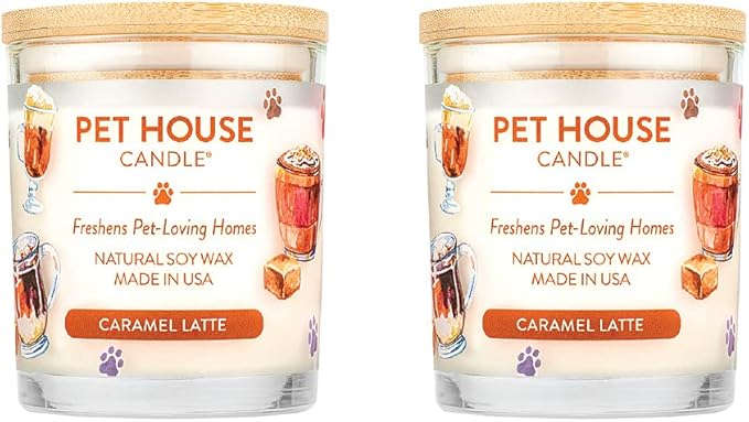 One Fur All Pet House Candle 2 Pack -Plant-Based/Soy Candle - Clean Burning Scented Candles, Long Lasting Pet Odor Candle for Home - Caramel Latte