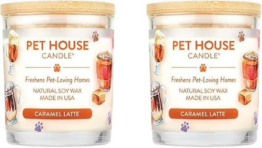 One Fur All Pet House Candle 2 Pack -Plant-Based/Soy Candle - Clean Burning Scented Candles, Long Lasting Pet Odor Candle for Home - Caramel Latte