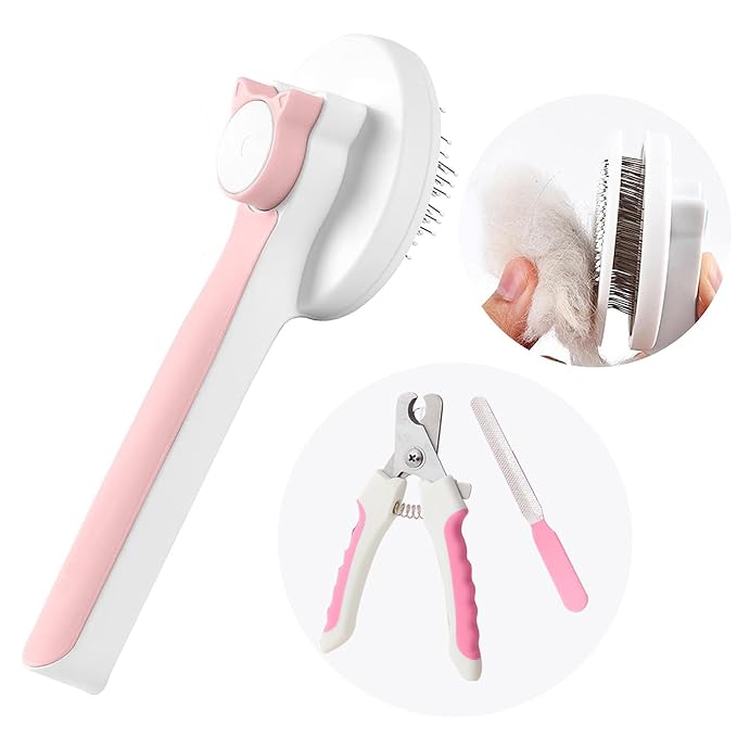 Grooming Brush with Release Button - Nail Trimmer, Hair Cleaner Brush for Shedding Long or Short Hair Cats and Dogs, Pet Massage Brush Pink