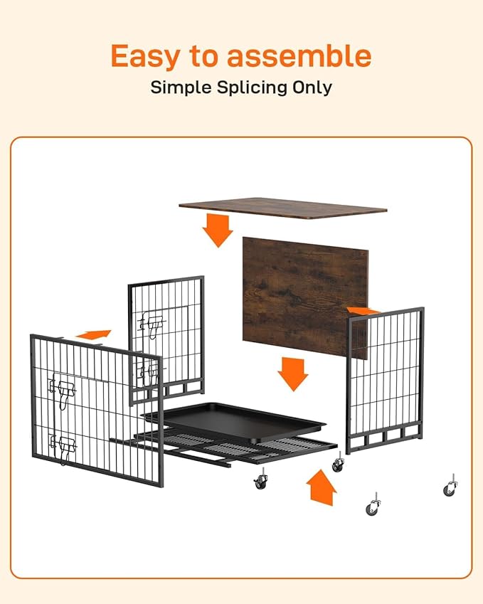 Dog Crate Furniture, Dog Kennel with Dual Doors, Removable Tray & 360° Wheels, Indoor for Large Dogs (Brown & Black, Large)
