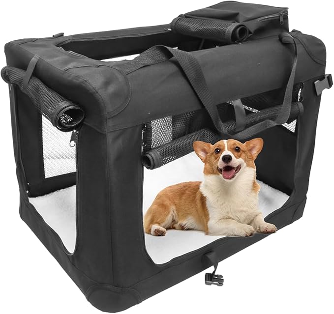 STARBRILLIANT 3-Door Portable Soft-Sided Folding Soft Dog Travel Crate Kennel,Black (28″x21″x21″)