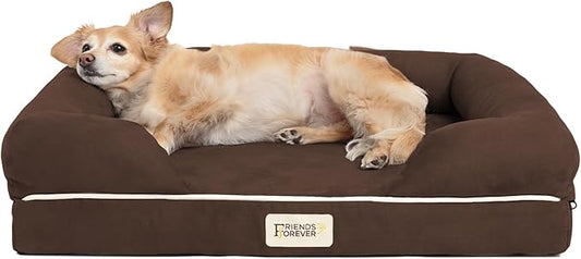 Friends Forever Small Dog Bed, Orthopedic Dog Sofa Memory Foam Mattress, Calming Dog Couch Bed, Wall Rim Pillow, Water Resistant Liner, Washable Cover, Non-Slip Bottom, Chester, Small Cocoa Brown