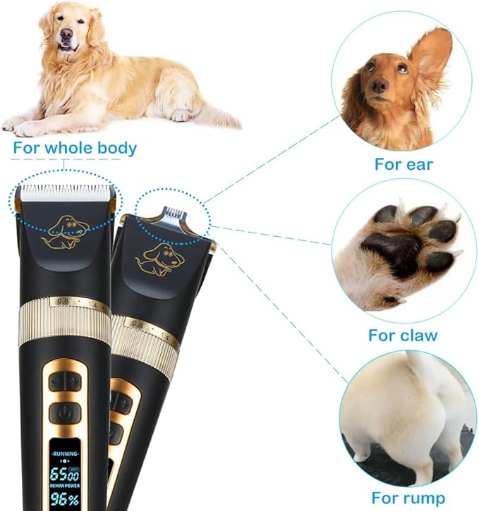 Otstar Professional Dog Grooming kit, 3 Speed Rechargeable Cordless Dog Clippers Low Noise Low Vibration, LED Screen Indicate Power/Lubricating/Cleaning