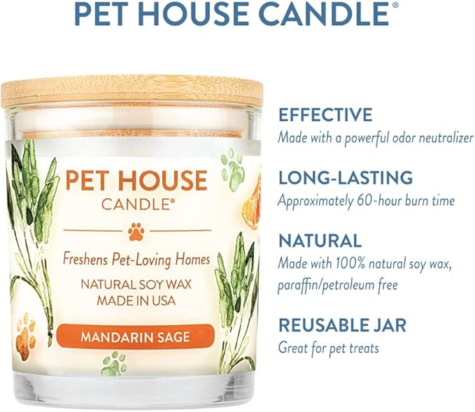 One Fur All Pet House Candle 2 Pack - Plant-Based Soy Candle - Long Lasting Pet Odor Elimination - Mandarin Sage Scent
