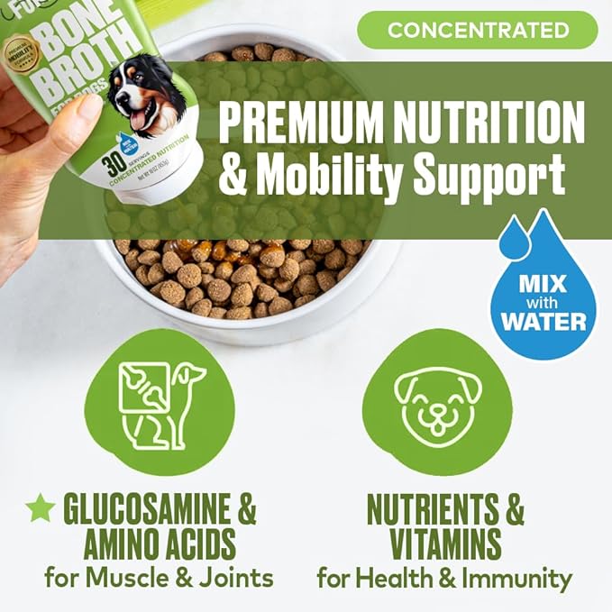 Mobility Support Beef Bone Broth for Dogs | Hip & Joint Support for Dogs | Glucosamine & Amino Acid Boosted | Human Grade Ingredients | Just add Water | Made in USA, 16 oz