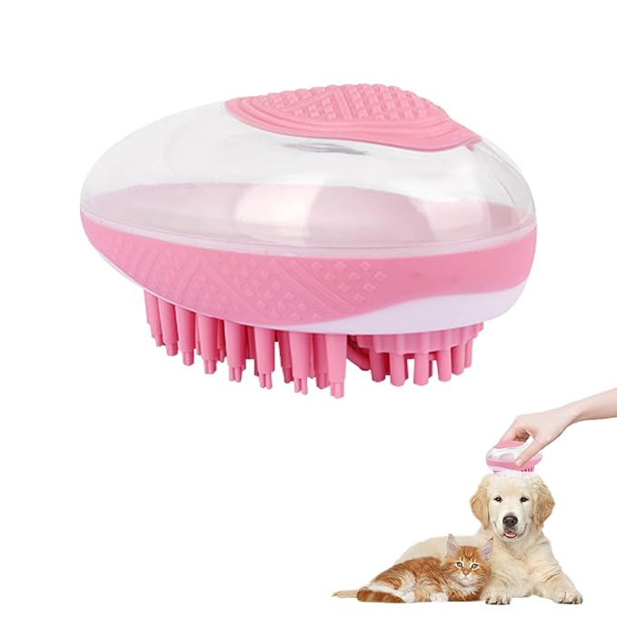 WishLotus Pet Bath Brush, Puppy Massage Brush with Shampoo Dispenser Pet Grooming Tool for Small Animals Soft Silicone Dog Shower Brush for Long Short Haired Dog and Cat Washing (Pink)