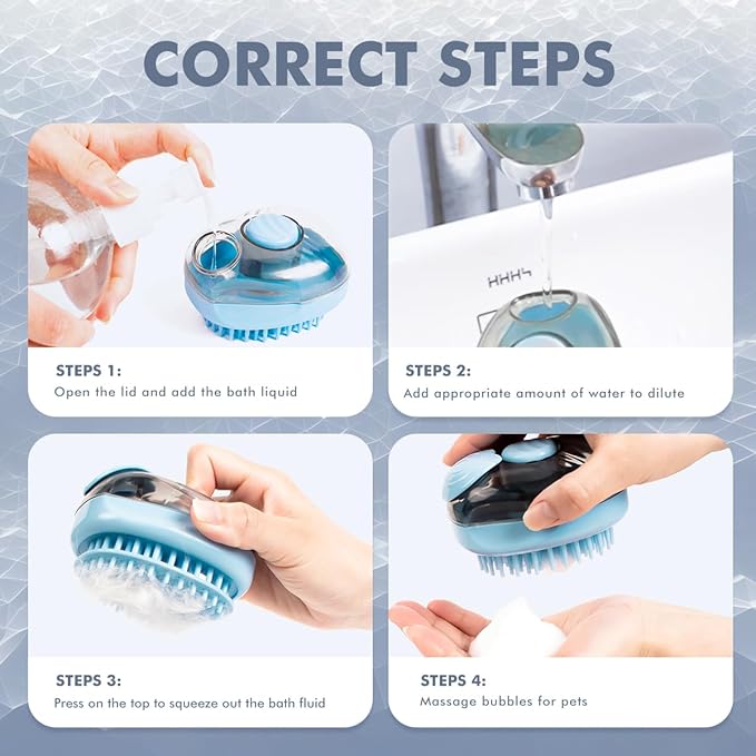 Pet Bath Scrubber with Shampoo Dispenser – Washing & Grooming Tool for Cats and Dogs, Removes Loose Fur for Long/Short Hair (Blue)