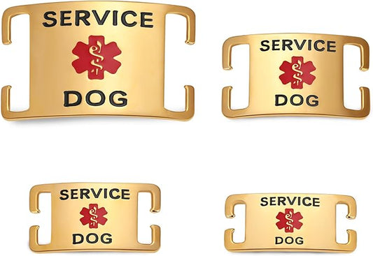No Noise Stainless Steel K9 Service Dog Pet ID Jewelry Tags, Slide on Dog Collar or Harness Quickly and Securely – PVD Gold/Medium