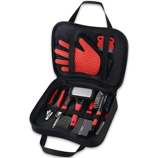 Wisedog Pet Grooming Kit - Pin & Bristle Brush, Slicker Brush, Dematting Tool, Nail Clipper, Hair Removal Mitts, Flea Comb for Dogs and Cats (Reddish-black)