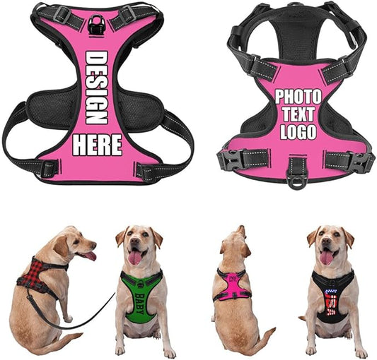 Personalized Pet Harnesses with Name and Phone Number, Heavy Duty Dog Harness with Leash Set Customization, Customizable No Pressure Pet Vest with You Own Design, HotPink, M