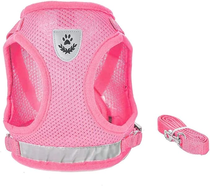 FEimaX Dog Harness and Leash Set for Walking, Soft Mesh Adjustable Easy Control Lightweight Cat Vest Harnesses with Reflective Strips, Escape Proof Small Dogs Cats Vests (Pink, Medium)