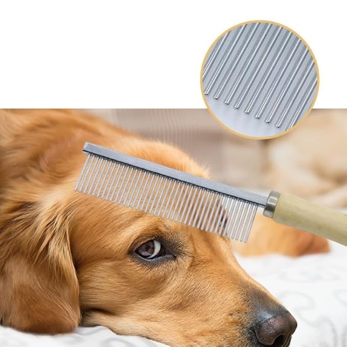 Silver Dog and Cat Combs For Grooming Long Haired Cats and Dogs - Pet Dog Cat Comb Stainless Steel Pin Teeth Wooden Handle Grooming Fur Hair Brush - Comb Removes and Prevents Matted Fur,Grooming