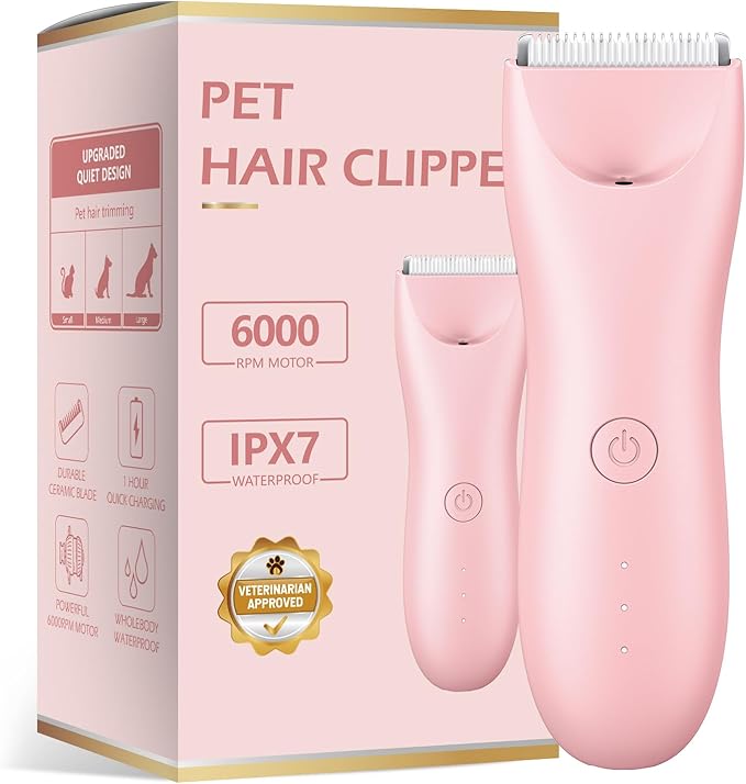 Quiet Dog Hair Clipper,Lightweight 6000RPM Powerful Quick Charged Hair Remover Waterproof Paw Hair Trimmer Kits for Dogs and Cats Pink