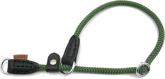 Braided Rope Collar, Training Dog Collar, Round Martingale Collar, Slip Collar with Adjustable Stopper and Slidable Stop Ring - Ideal for Small Dogs (S(1/4") - 14" Long, Dark Green)