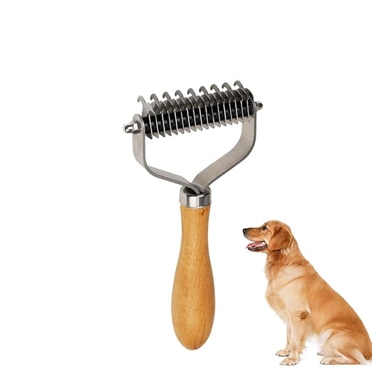 Pet Dematting Comb for Dogs and Cats with Wood Handle, Deshedding Undercoat Rake for Dogs with Stainless Steel Blades, Dog Comb for Detangling Thinning and Shedding, All Hair Types