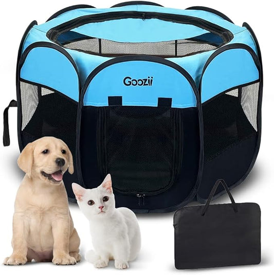 Dog Playpen for Large Dogs Portable Collapsible, Indoor Outdoor Cat Pet Puppy Exercise Play Pen Tent Crate Cage with Zipper Door Top Cover Floor for Camping (Large Size, Blue)