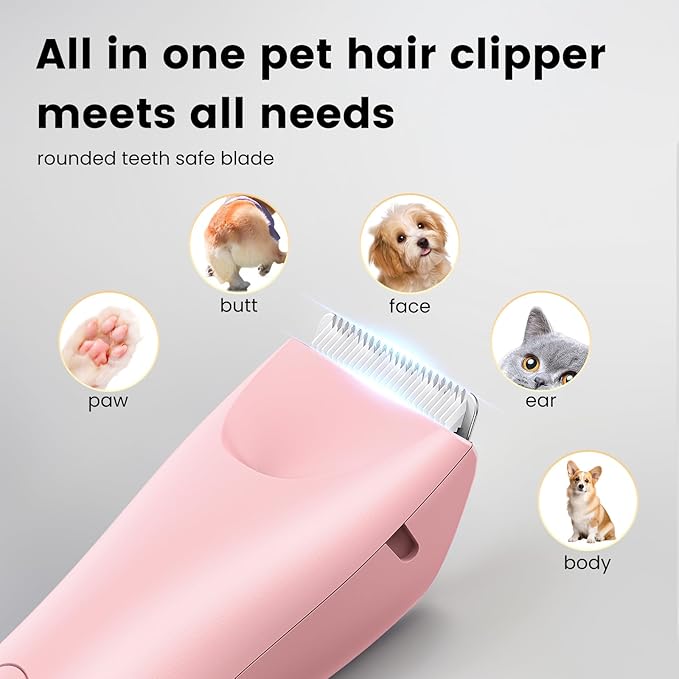Quiet Dog Hair Clipper,Lightweight 6000RPM Powerful Quick Charged Hair Remover Waterproof Paw Hair Trimmer Kits for Dogs and Cats Pink
