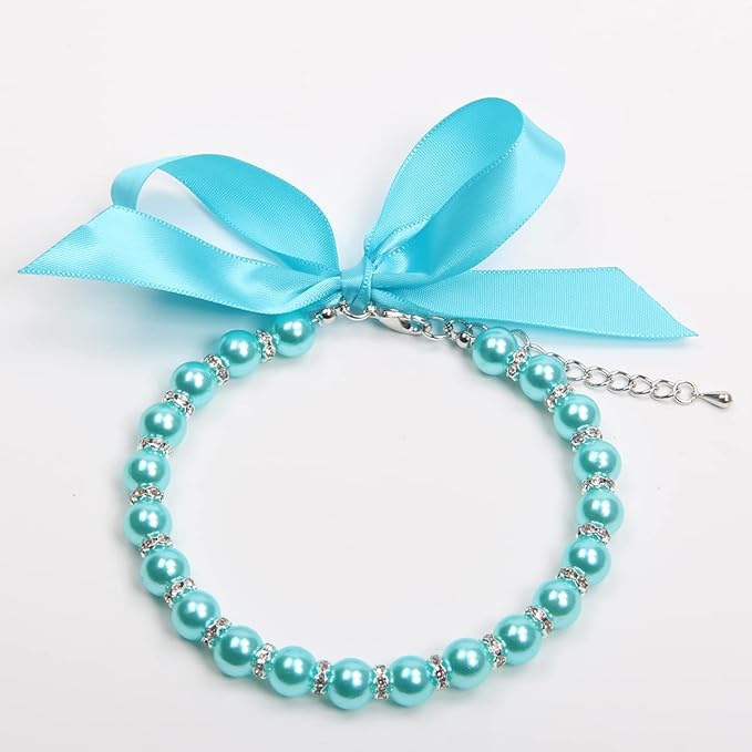Dog Cat Pearls Necklace Collar with Bling Accessories and Ribbon Bow Pet Puppy Jewelry for Female Dogs Cats Small Medium (L, Blue)