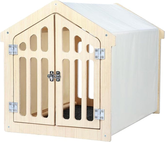 Dog House Indoor for Small Dogs & Medium Dogs 30”Lx21”Wx24”H, Wooden Board & Oxford Fabric & Felt Mat, Lockable Door, Easy Assembly, Wooden Color
