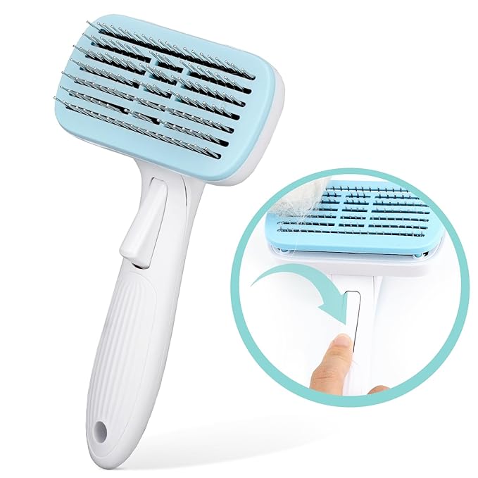 Pet Grooming Cat Hair Brush - Self Cleaning Brushes for Long and Short Haired Cats Dogs | Shedding, Matted Fur, Undercoat Cleaner Tool | Soft Bristle, One-Click Release Button