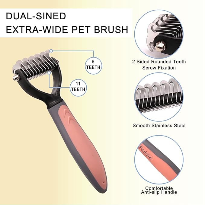Pet Deshedding Brush Set, Undercoat Rake for Dogs & Cats - Double Sided Brush for Shedding and Dematting Comb Grooming Tool kit - Nail Clippers & Nail File Kit (4Pack) Pink