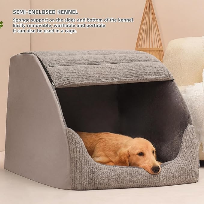 Extra Large Dog Bed House, Cozy Dog House Indoor, Memory Sponge, Plush Dog Cave Bed Crate Cushion with Non-Slip Bottom for Medium Large Dogs (Grey, XL)