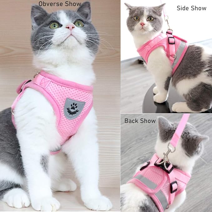 FEimaX Dog Harness and Leash Set for Walking, Soft Mesh Adjustable Easy Control Lightweight Cat Vest Harnesses with Reflective Strips, Escape Proof Small Dogs Cats Vests (Pink, Medium)